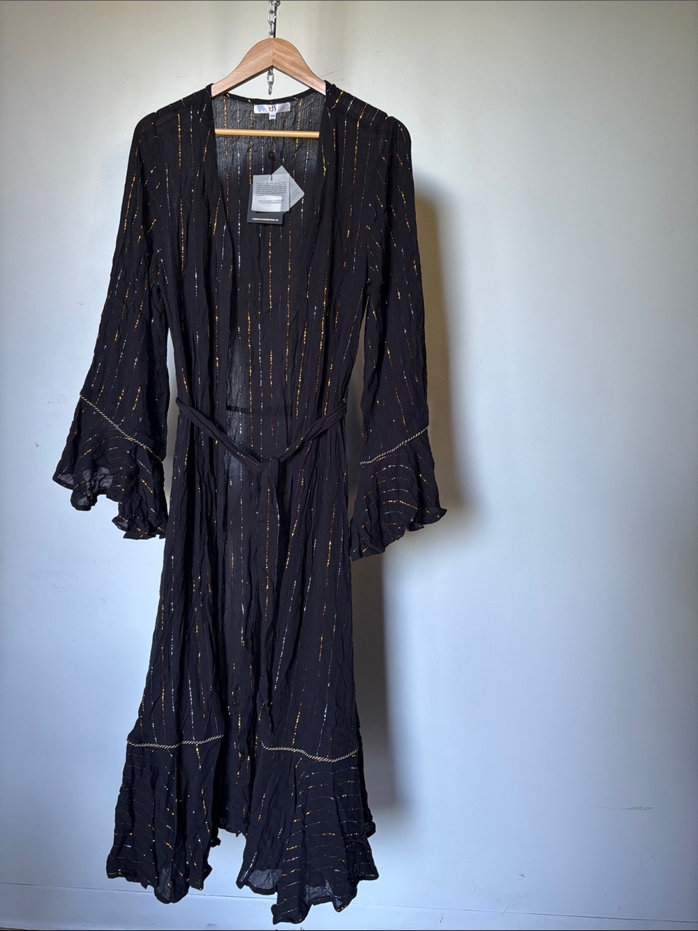 America & Beyond Dark Angel Black Kimono Silver Gold Lurex Stripe